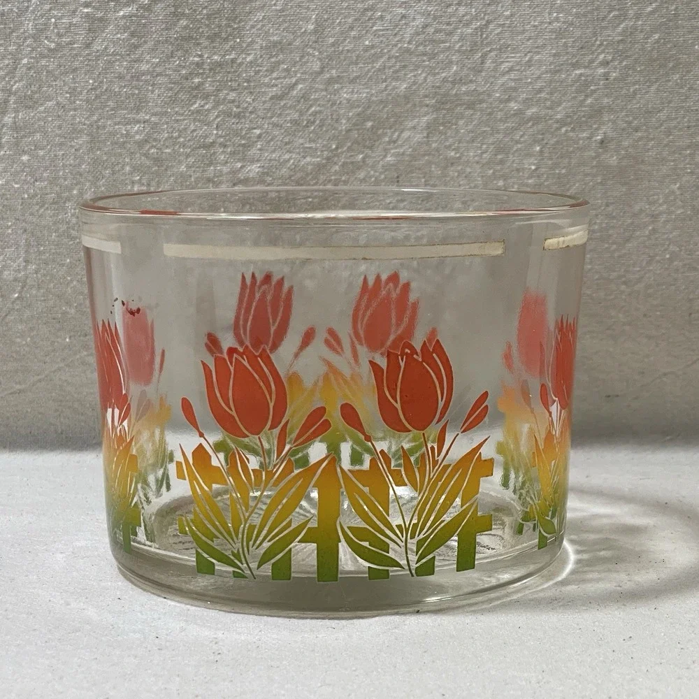 VTG‎ MCM Retro Glass Barware Ice Bucket Bowl Orange Red Yellow Tulip Flower RARE